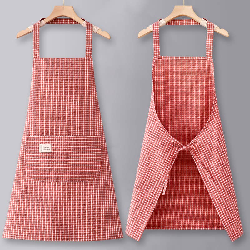 Cotton Striped Grid Kitchen Apron with Pocket