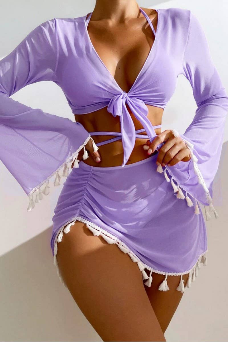 CWMW0880_TASSEL COVER-UP MESH SKIRT BIKINI SWIMSUIT SET