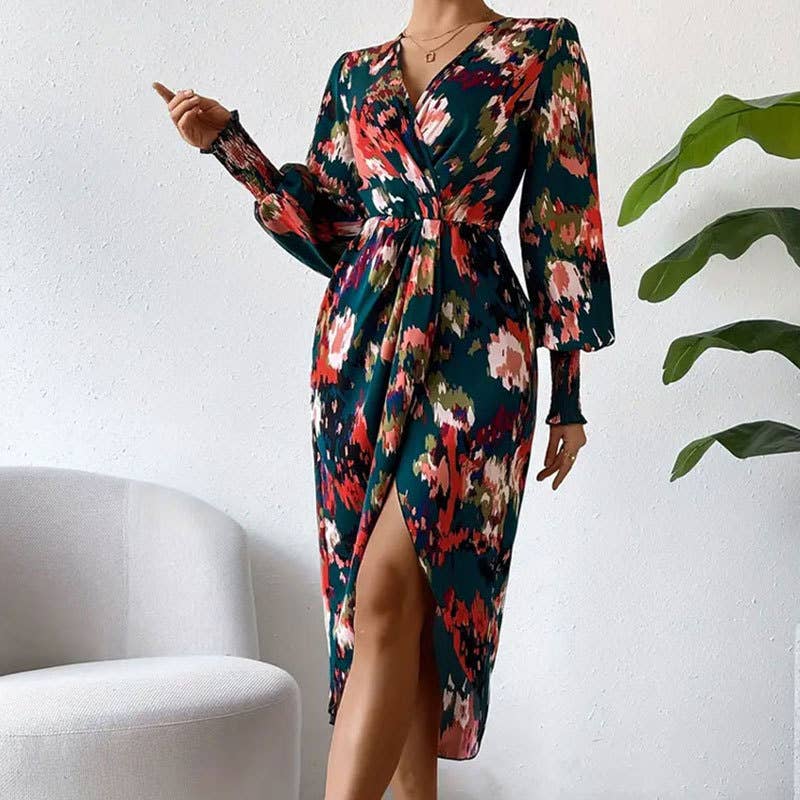 SLIM WRAP DRESS WITH LANTERN SLEEVES CROSS COLLAR