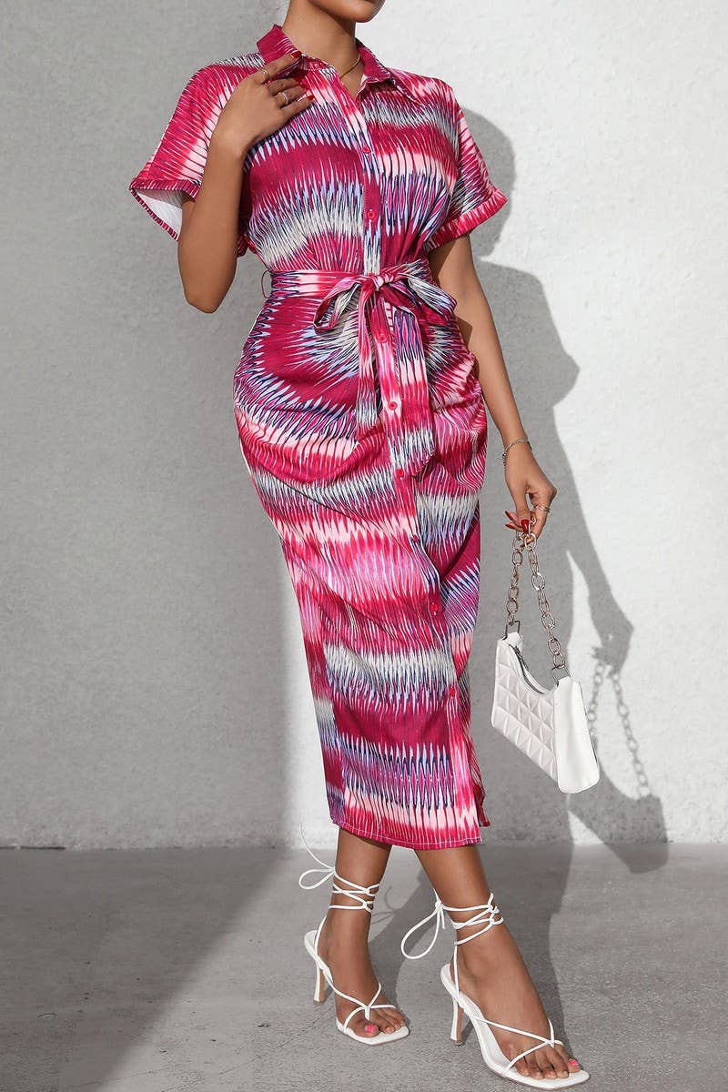 CWDMD5342_STRIPED TIE WAIST BUTTON FRONT MIDI SKIRT DRESS