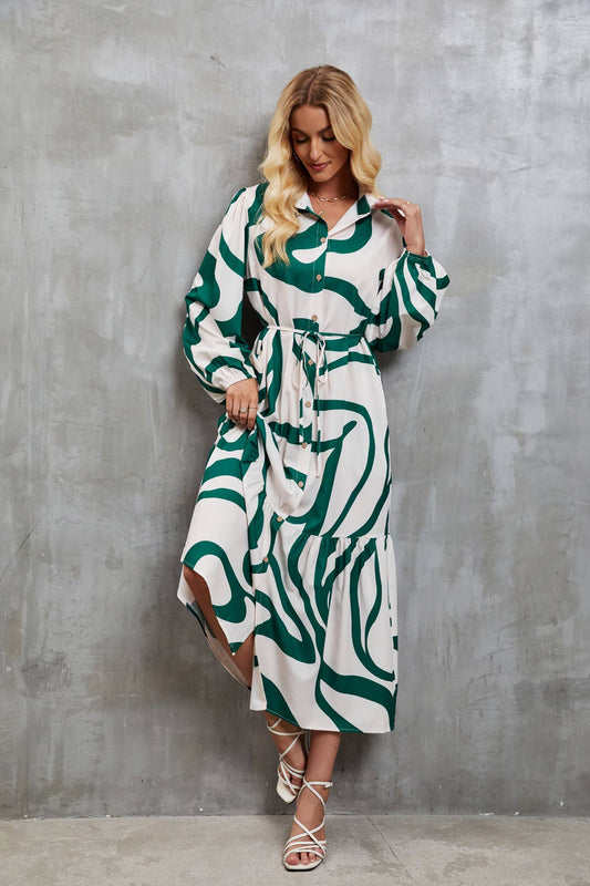 LACE-UP SHIRT DRESS WITH FASHION PRINT TEMPERAMENT