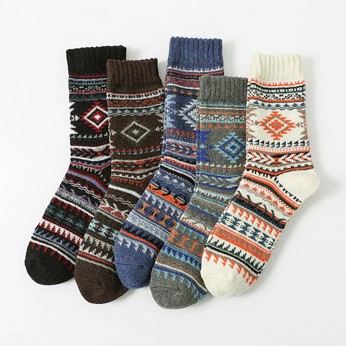 5 PAIRS OF ETHNIC STYLE SMALL DIAMOND WOOL SOCKS_CWMS0677