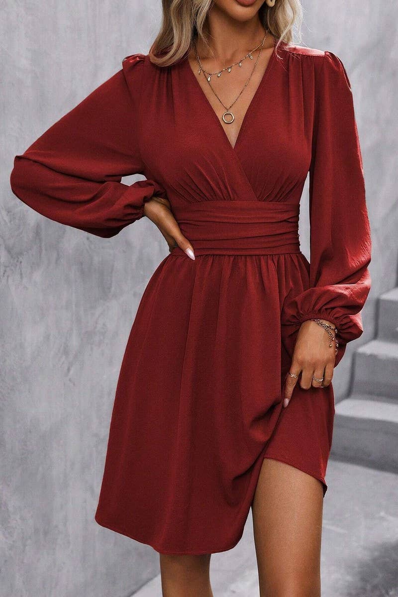 CWDSD8399_V NECK LANTERN SLEEVE RUCHED WAIST DRESS