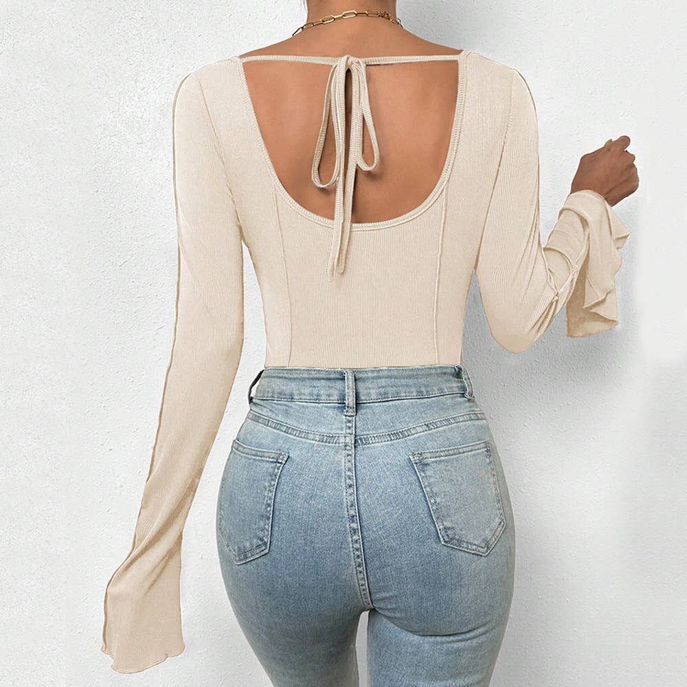 BACKLESS JUMPSUIT SQUARE COLLAR FLARED SLEEVES
