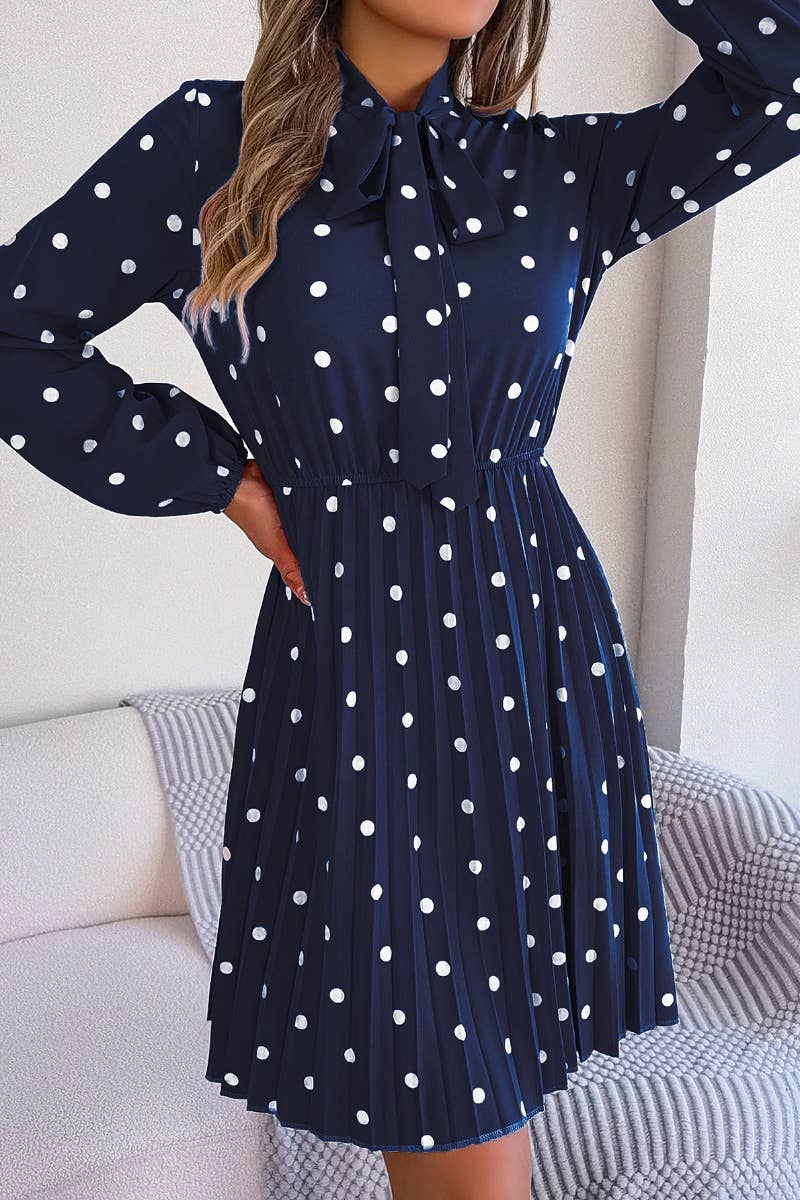 CWDSD4684_SUMMER POLKA-DOT WAIST LONG SLEEVE PLEATED DRESS