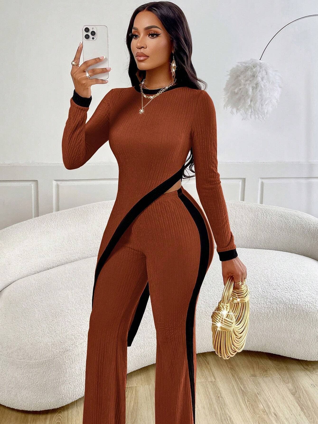 FASHION COLOR CONTRAST SHIRT PATCHWORK PANTS SUIT