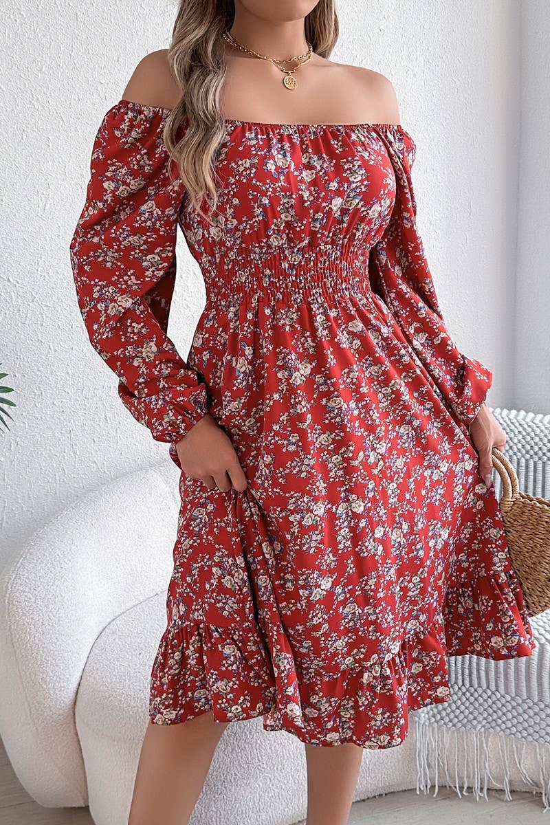 CWDMD6025_FLORAL SQUARE NECK LONG SLEEVE RUFFLE DRESS