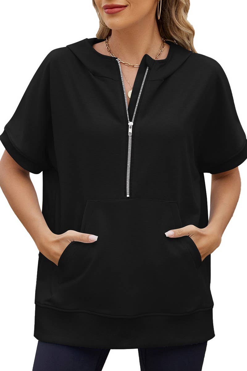 CWOHOS0018_LOOSE FIT ZIPPER SHORT SLEEVE HOODED SWEATSHIRT