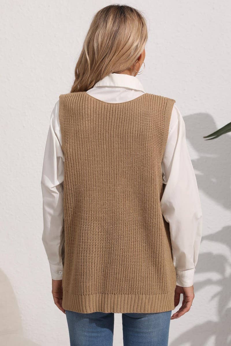 CWOSWL07395_WOMEN¡¯S V NECK KNIT VEST WITH POCKETS