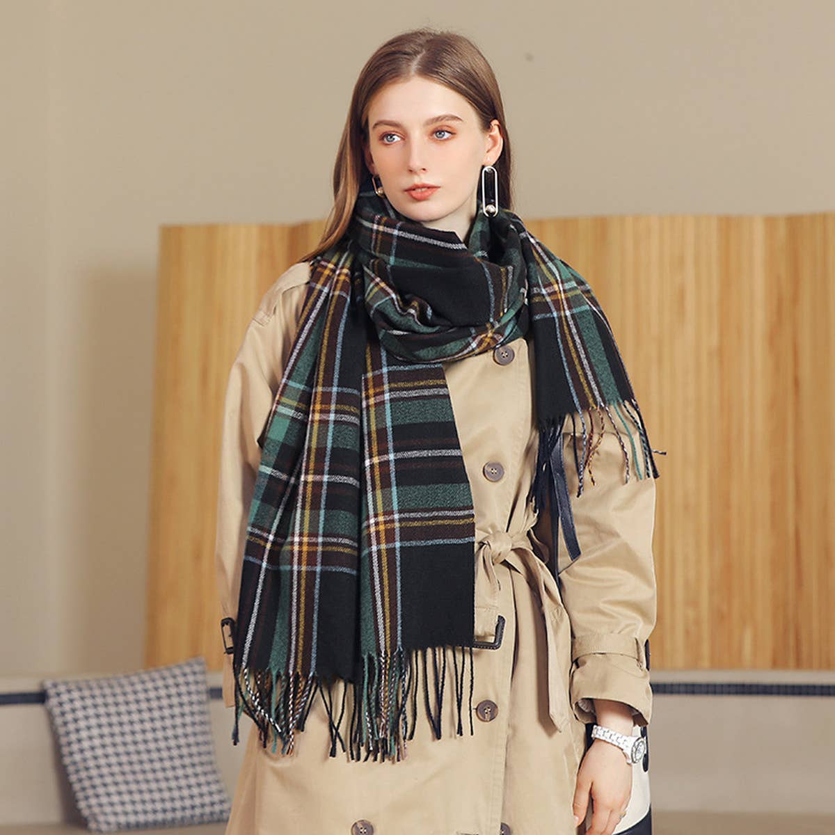 Plaid Winter Scarf for Women with Tassels, Warm_CWASC0186