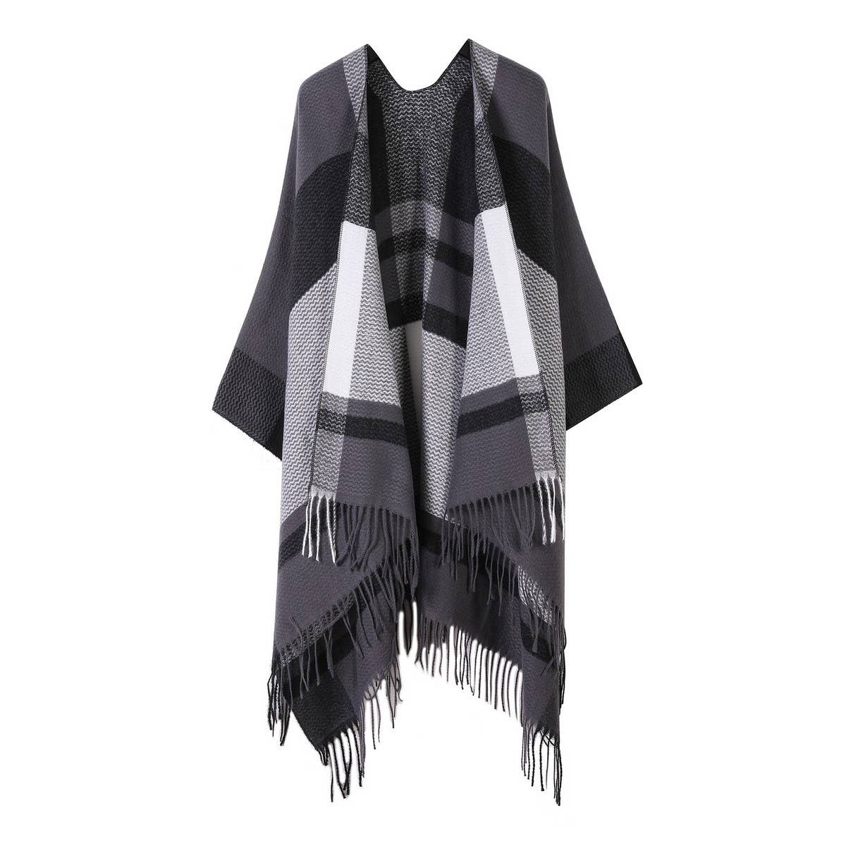 FRINGED SLIT SHAWL PLAID SCARF WARM CAPE