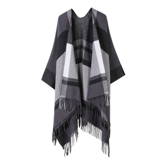 FRINGED SLIT SHAWL PLAID SCARF WARM CAPE