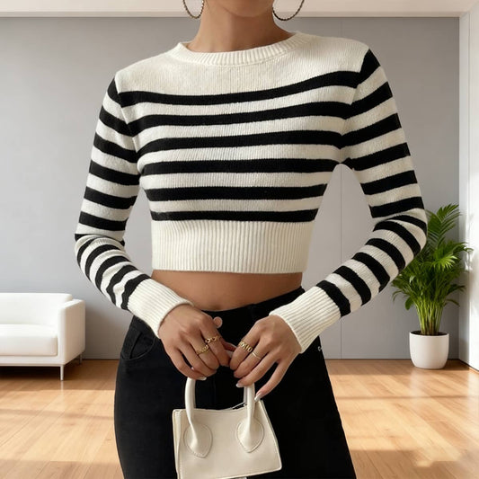 Sexy round-neck striped knitted short sweater