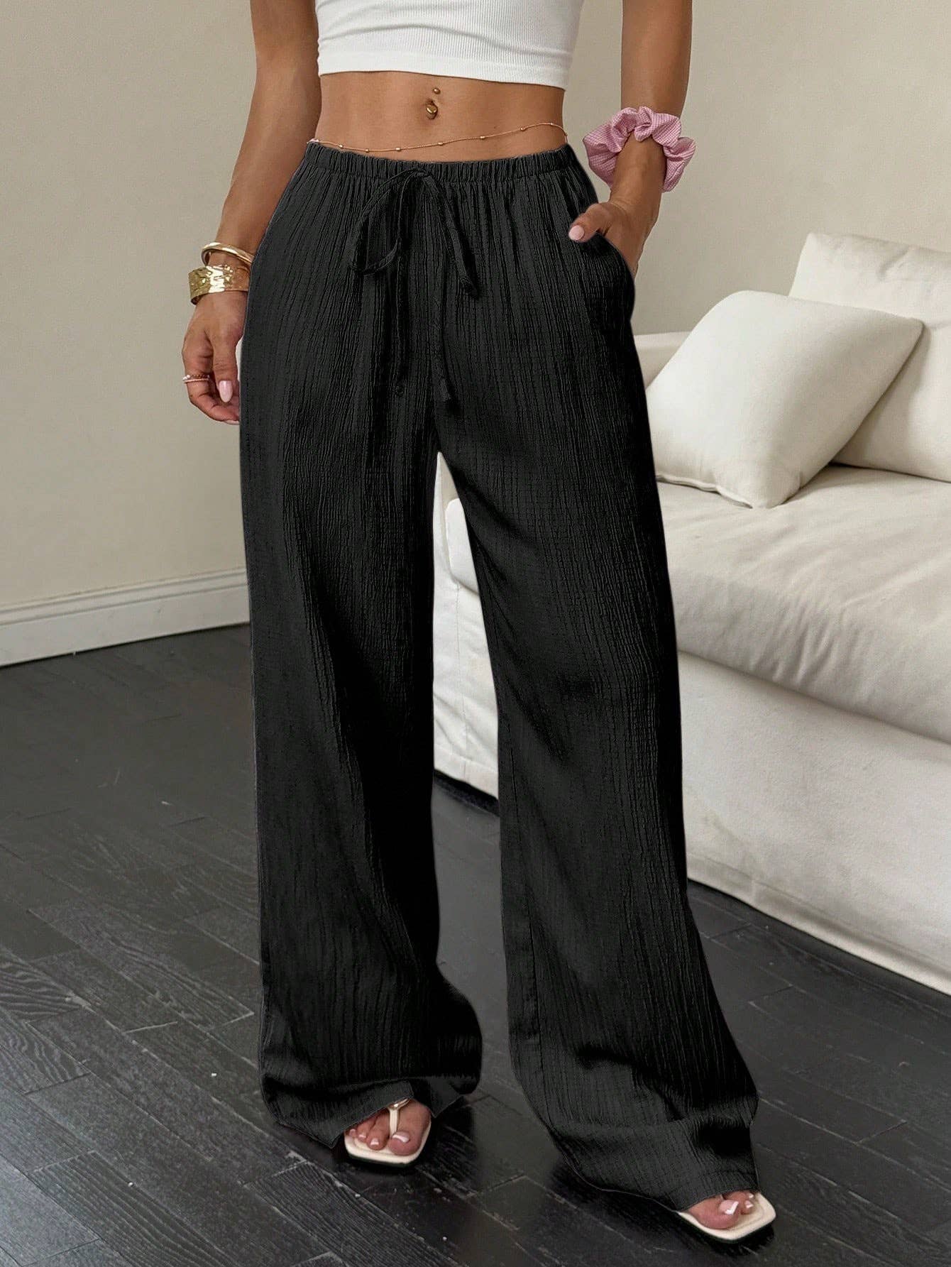 Solid-color textured drawstring wide-leg pants
