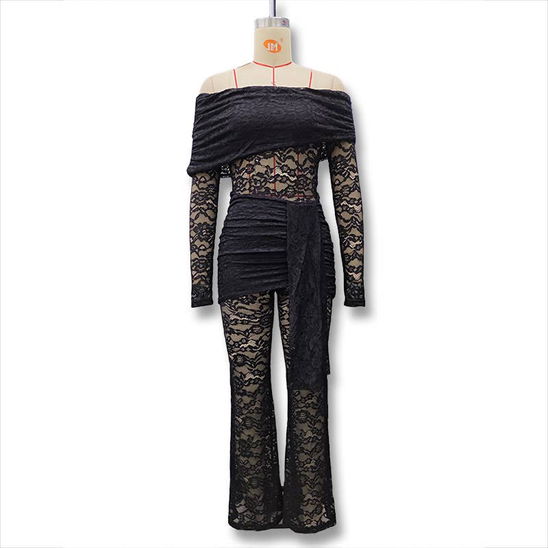 Lace patchwork see-through one-piece trousers