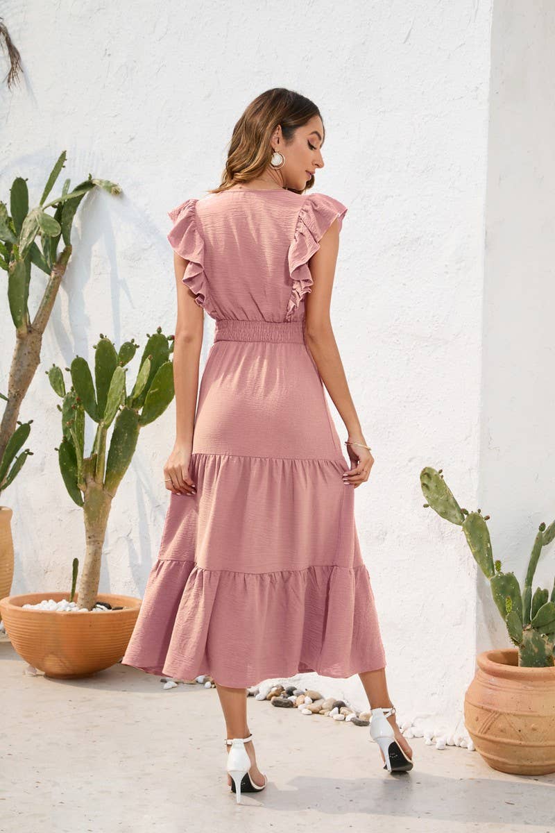 CWDMD2144_V-NECK HIGH-WAISTED CAKE DRESS