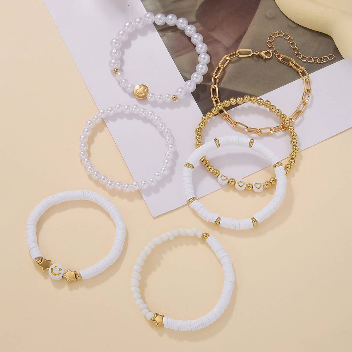 WHITE POLYMER CLAY STAR SMILEY FACE BRACELET SET