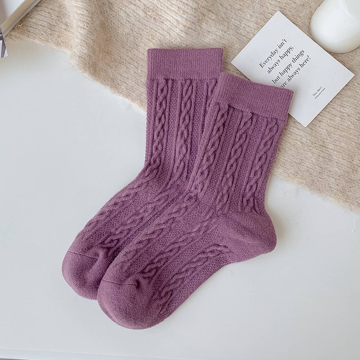 SOLID COLOR TWISTED WOOL MID-CALF STACKED SOCKS_CWMS1130