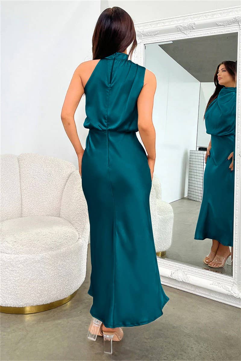 SOLID COLOR SATIN HALTER SLEEVELESS DRESS_CWDMD1302