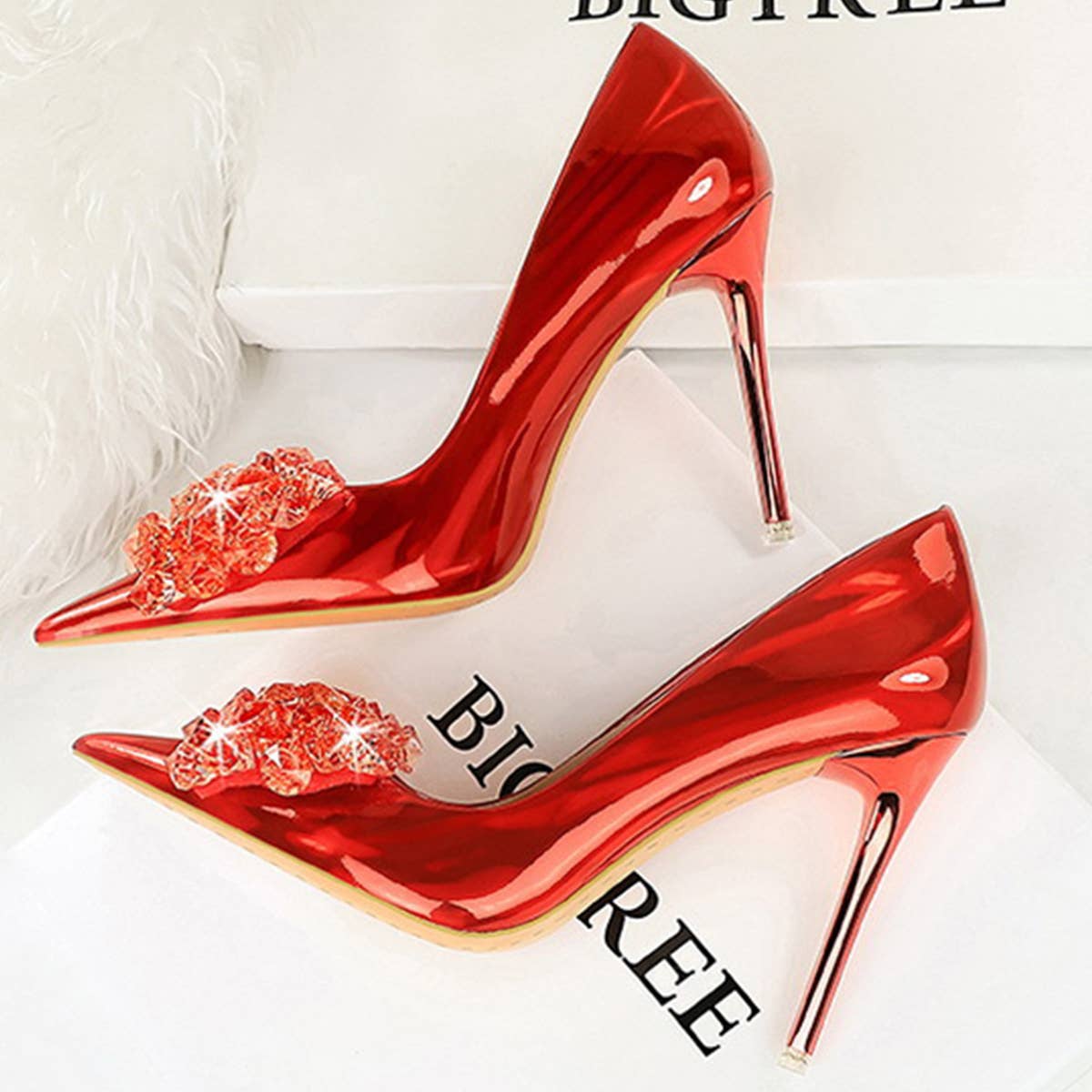 SHALLOW POINTED TOE CRYSTAL BOW HIGH HEELS