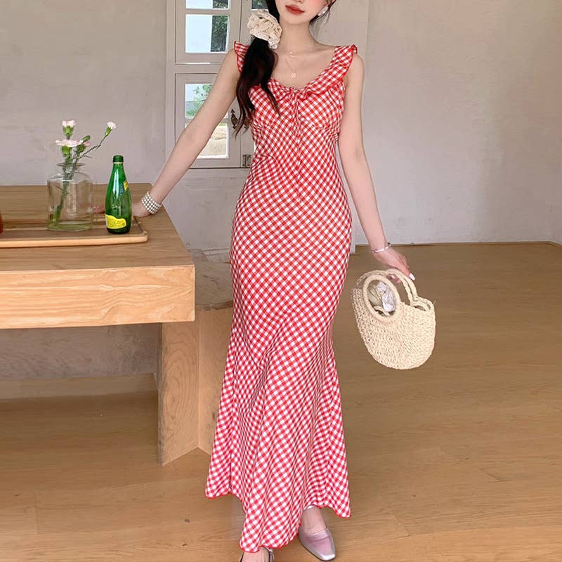 Retro tea break vacation checkered halter dress
