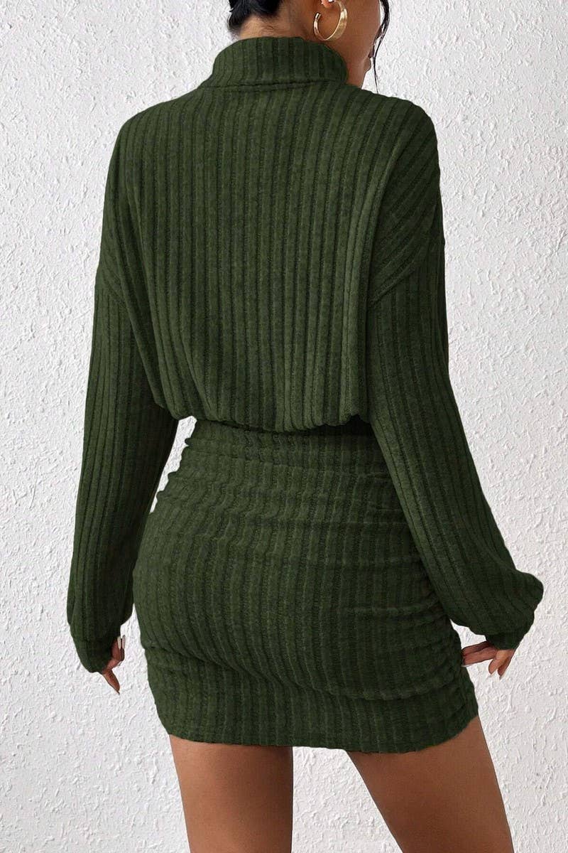 CWDSD6470_SOLID COLOR HIGH COLLAR HIP WRAP KNIT DRESS