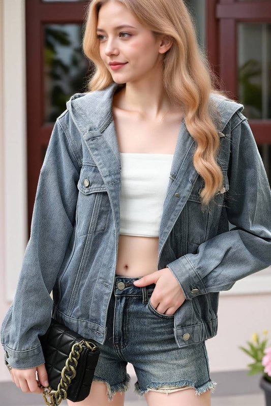 CWJT00080_WASHED LOOSE CASUAL HOODED DENIM JACKET TOP