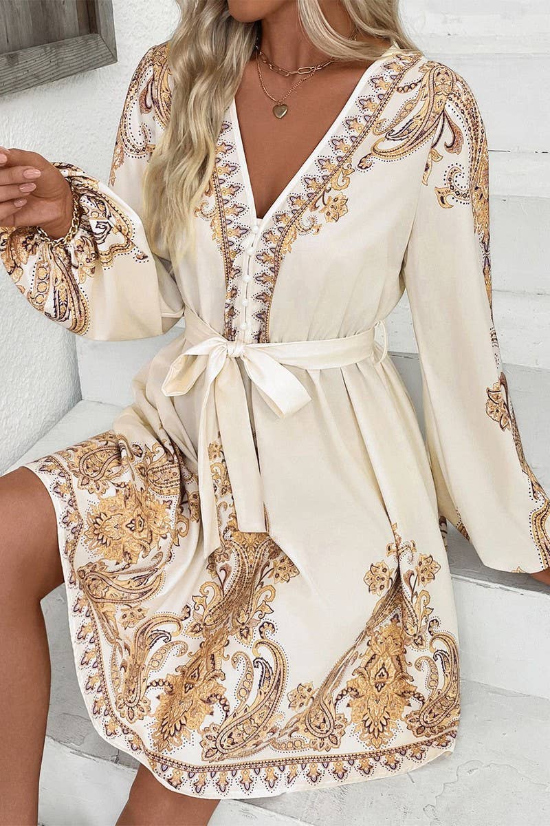 CWDMD01043_BOHO V-NECK TIE WAIST PAISLEY LONG SLEEVE DRESS
