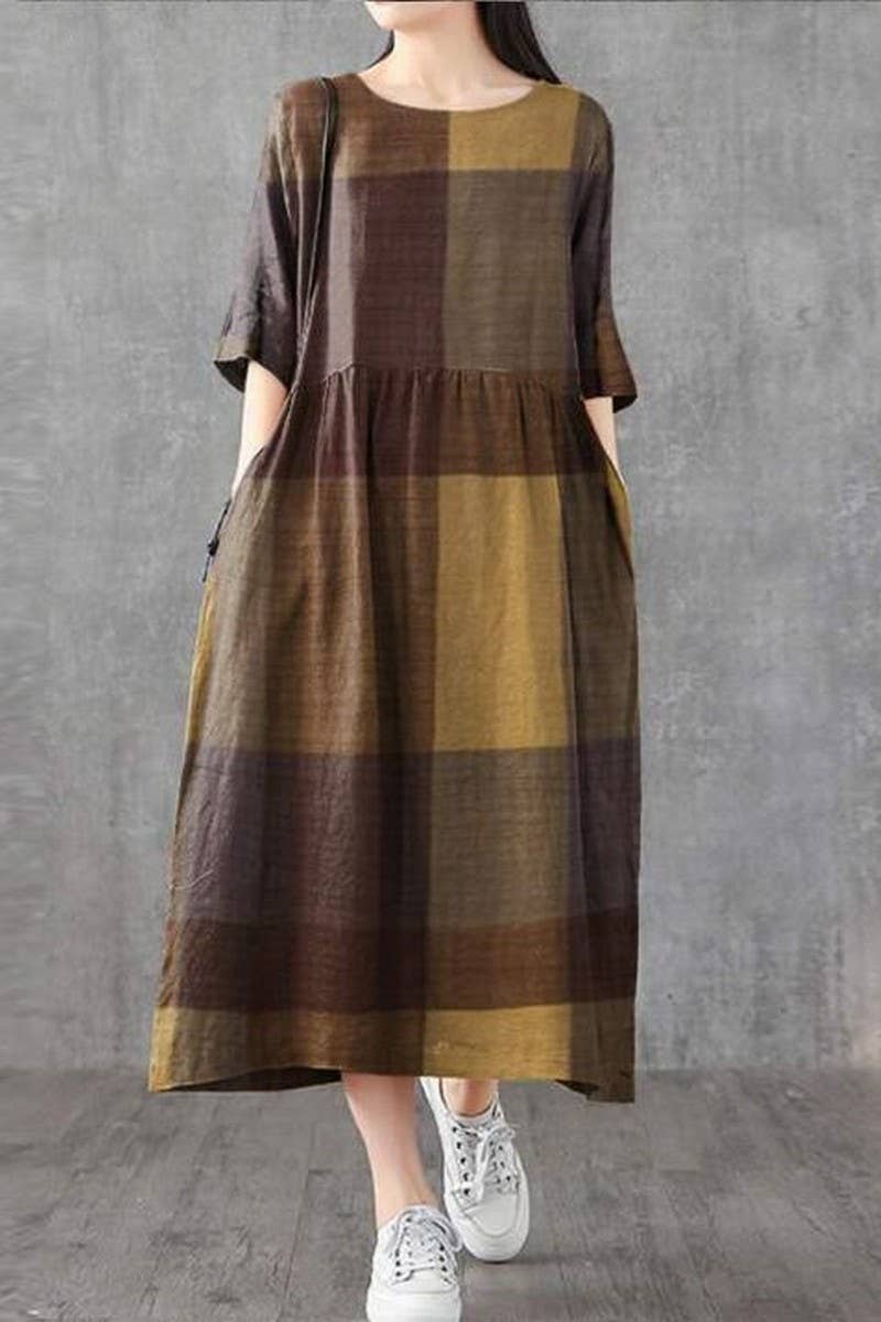 CWDMD3275_MUSLIM LOOSE PLAID PULLOVER DRESS