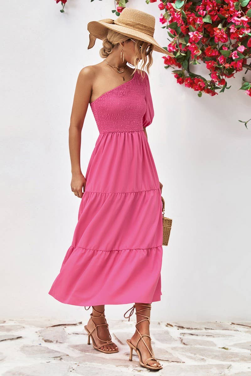 SLANT SHOULDER PUFFY SLEEVE DRESS_CWDSD2635