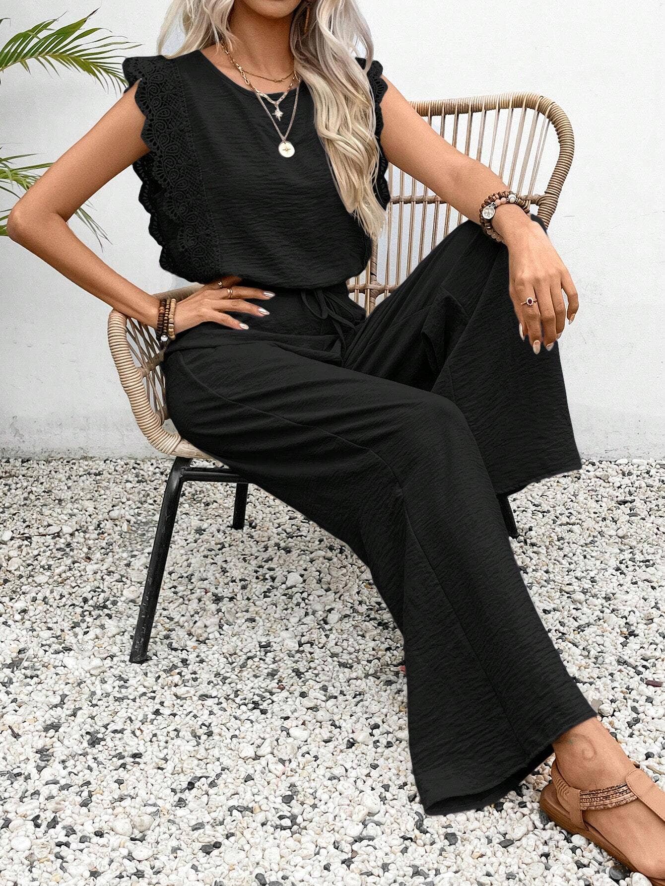 Drawstring jumpsuit ruffled sleeves square collar