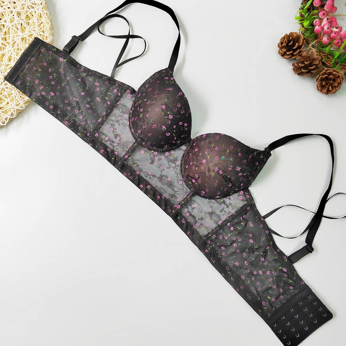 SEXY HERRINGBONE BRA WITH LACE FLORAL PATTERN