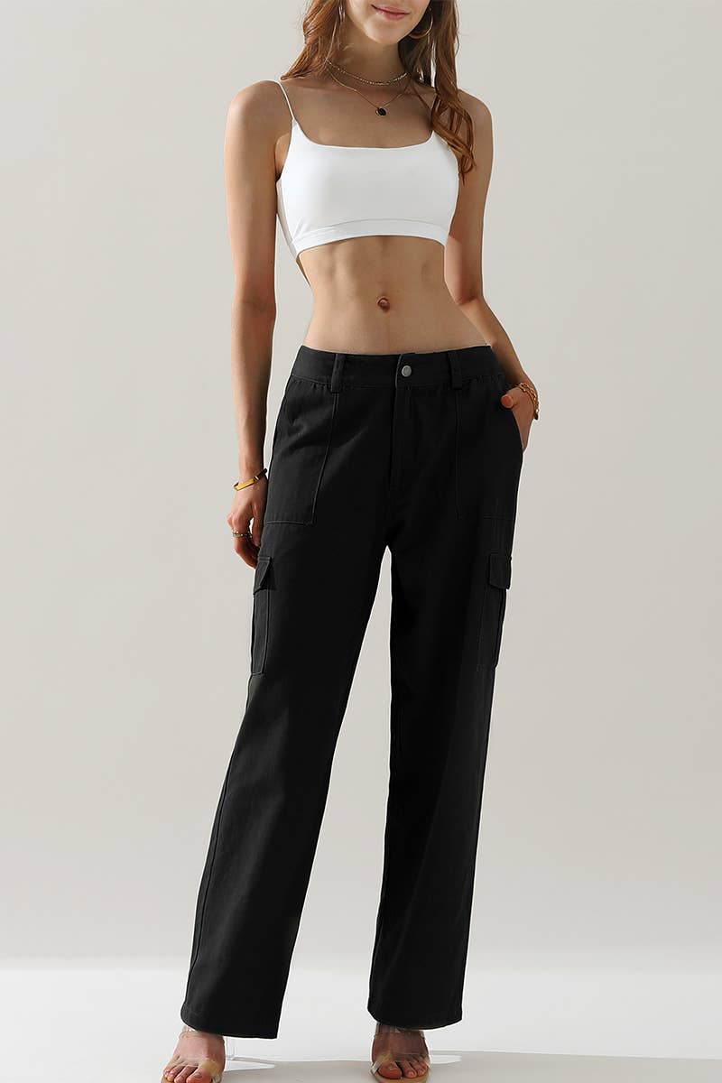 CWBLP421_Cargo Cotton Pants Wide Leg Casual Pants 4 Pockets