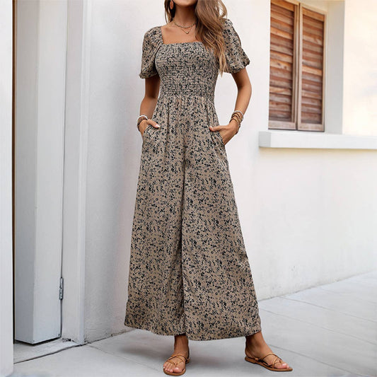 Printed jumpsuit with square collar puffed sleeve