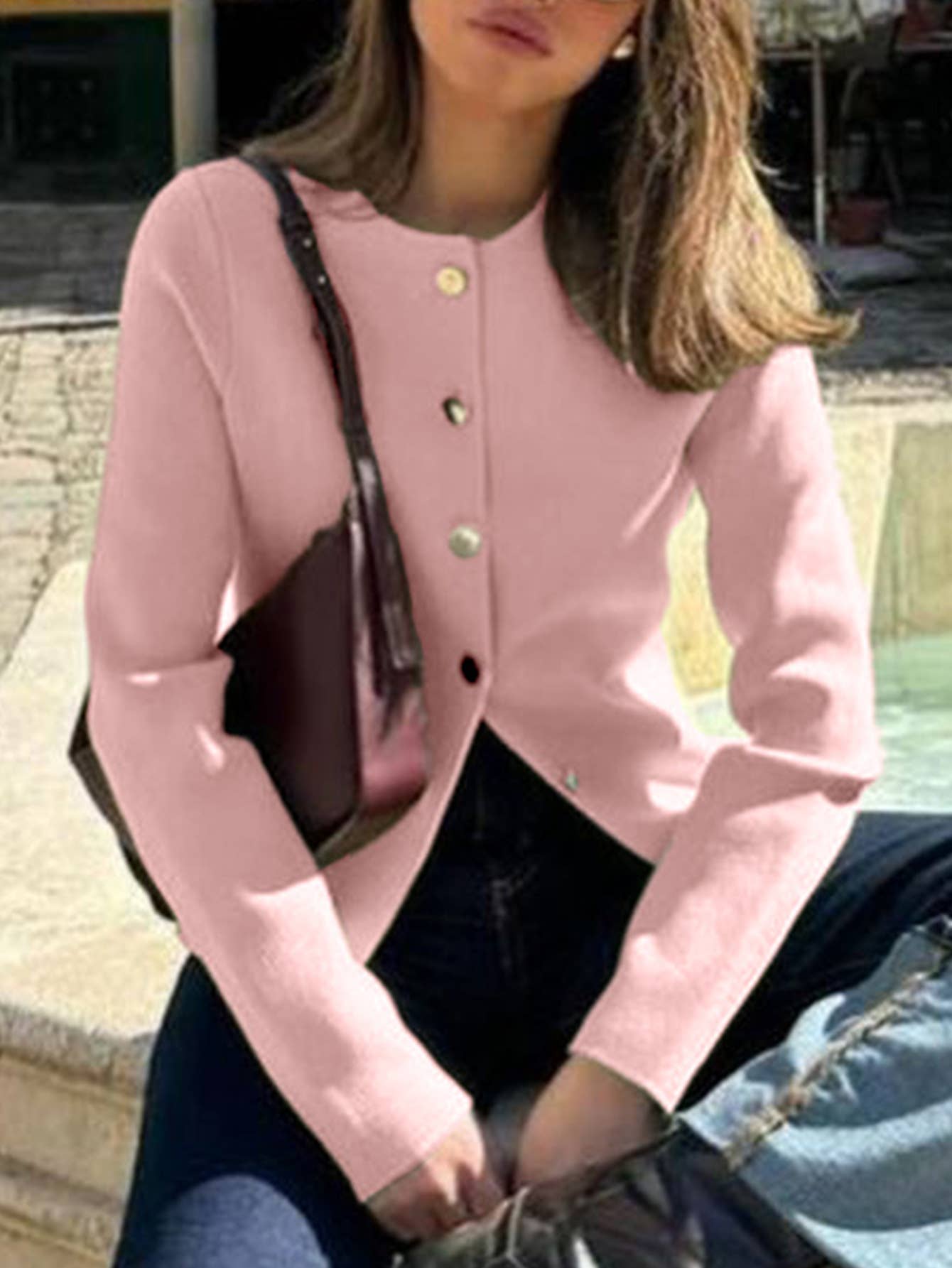 Simple long-sleeved single-breasted cardigan