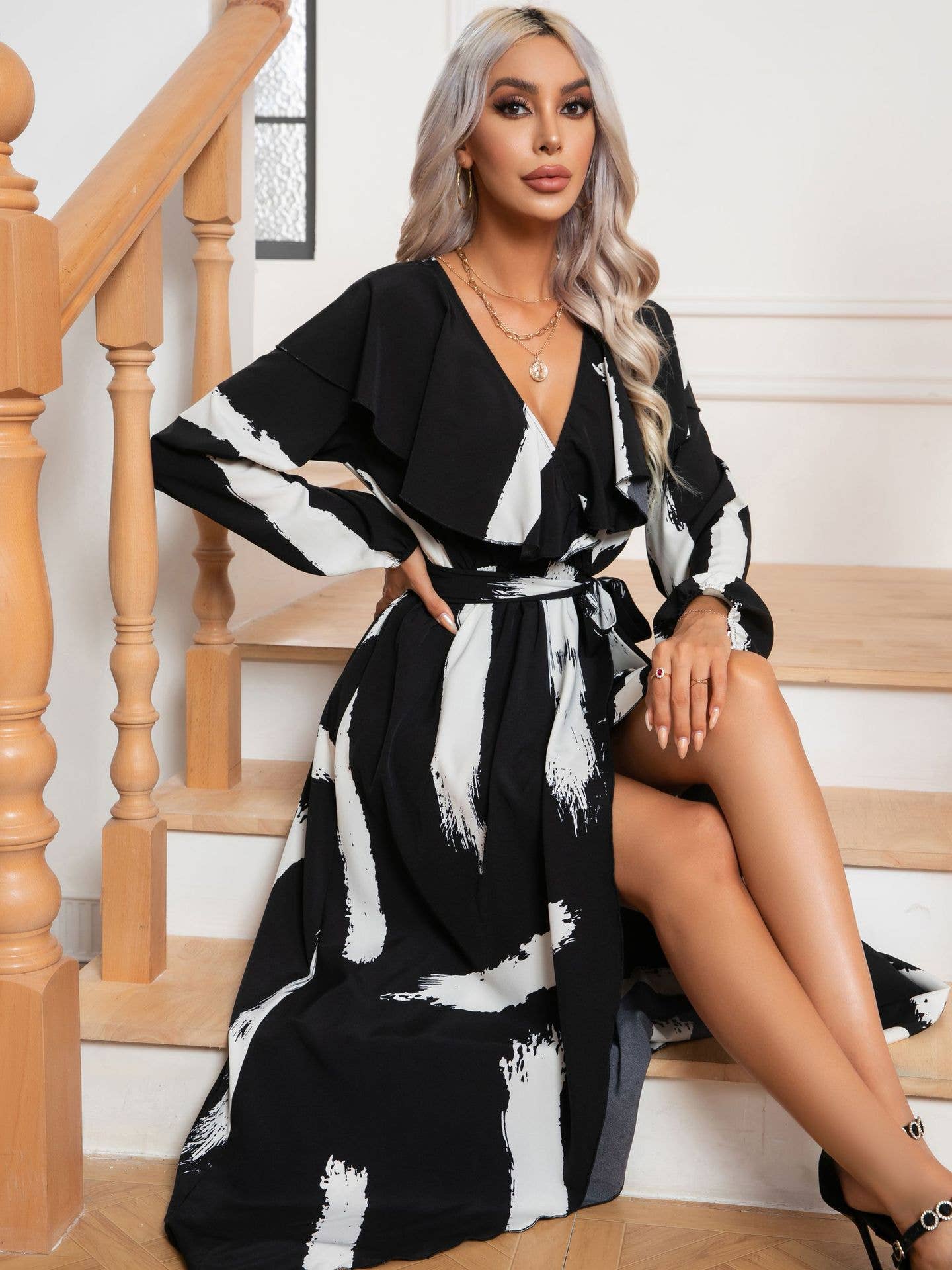 PRINTED RUFFLED COLLAR WRAPPED SLIT LONG DRESS