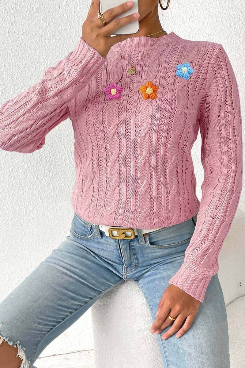 CWOSWL07409_WOMEN ROUND NECK KNIT SWEATER CROCHET PATCHWORK