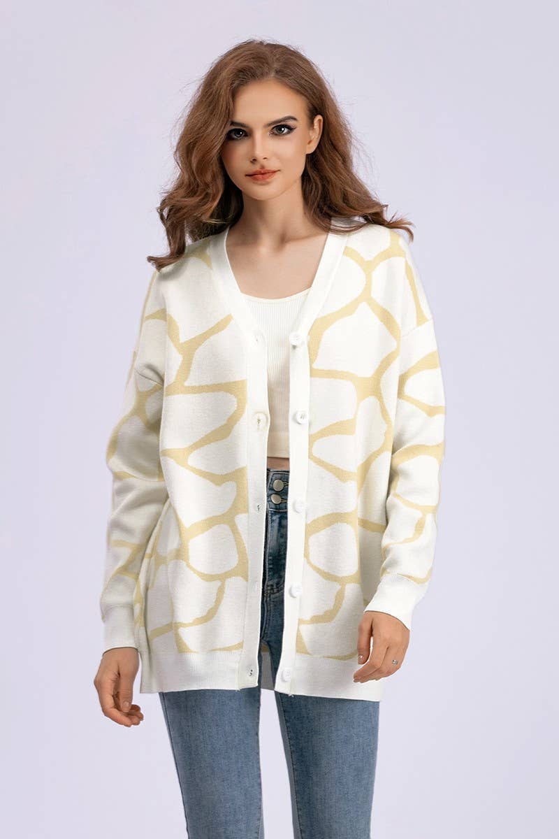 CWOCAL00664_JACQUARD KNIT V NECK LONGLINE CARDIGAN