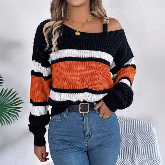 STRIPED OFF-THE-SHOULDER PULLOVER SWEATER