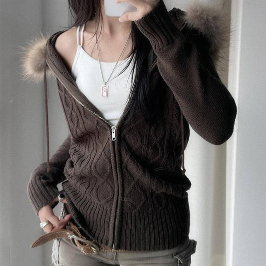 VINTAGE TWIST ZIPPER FUR HOODED CARDIGAN COAT
