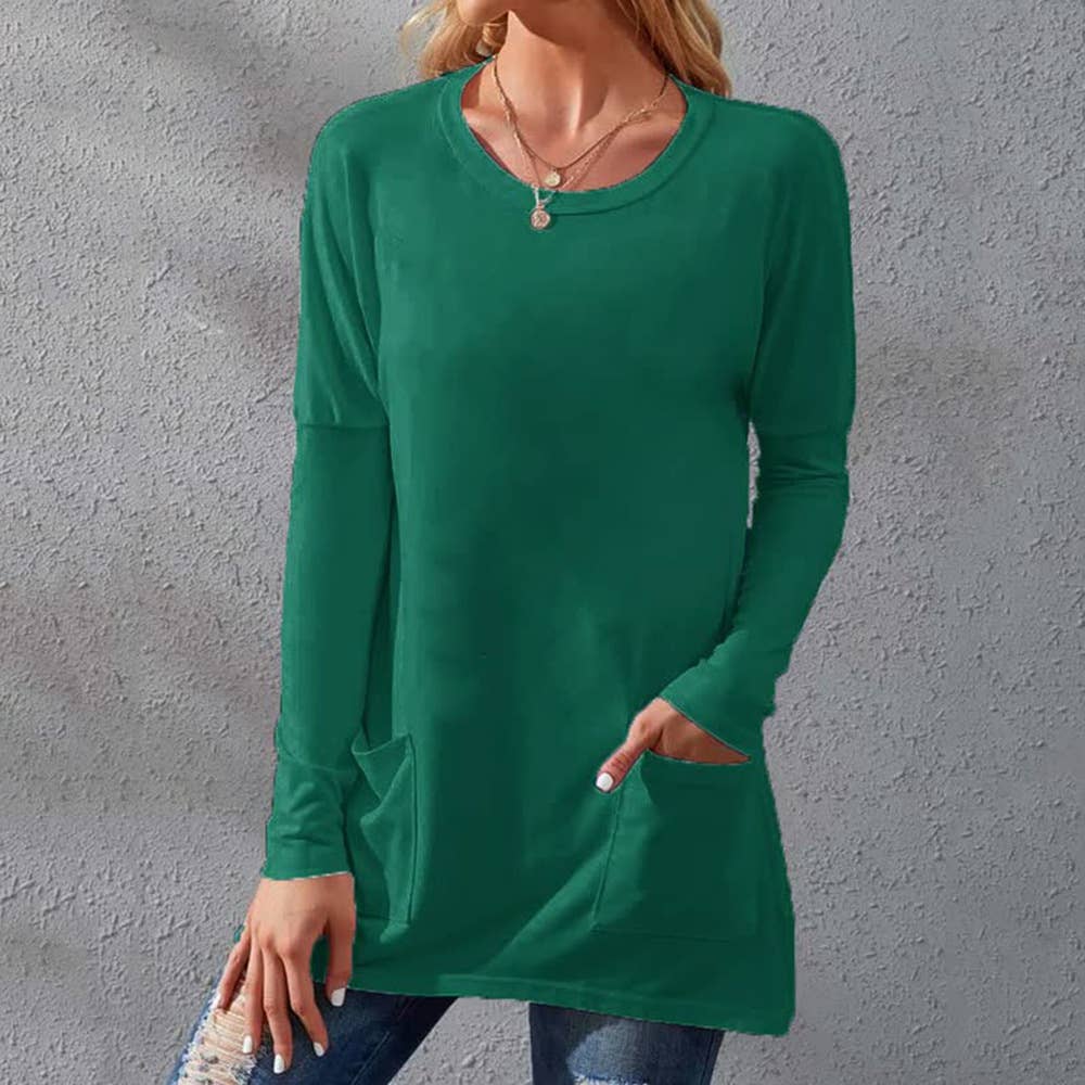 Solid-color loose round-neck pocket T-shirt
