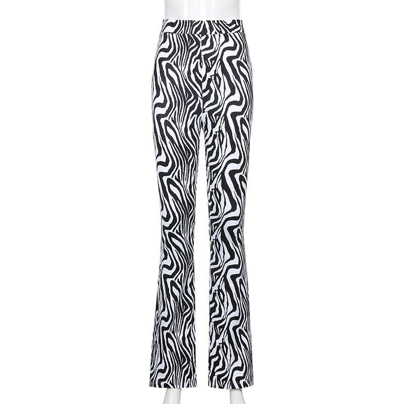 Elastic-waisted zebra-print stretch casual flares