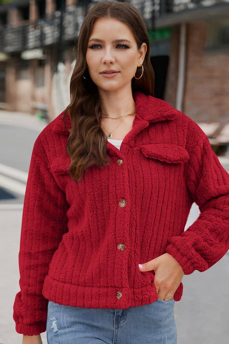 CWOCO0331_RIBBED PLUSH CARDIGAN LAPEL SHORT JACKET