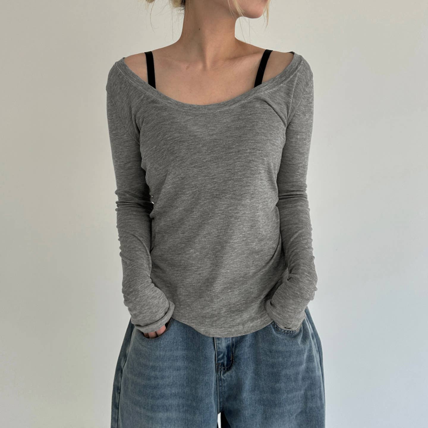 Simple long-sleeved semi-transparent blouse