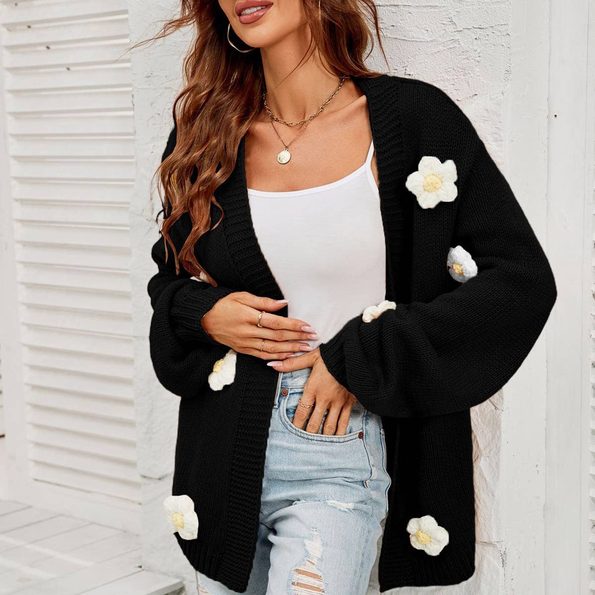 Flower cardigan lantern sleeve sweater coat_cwocal0687