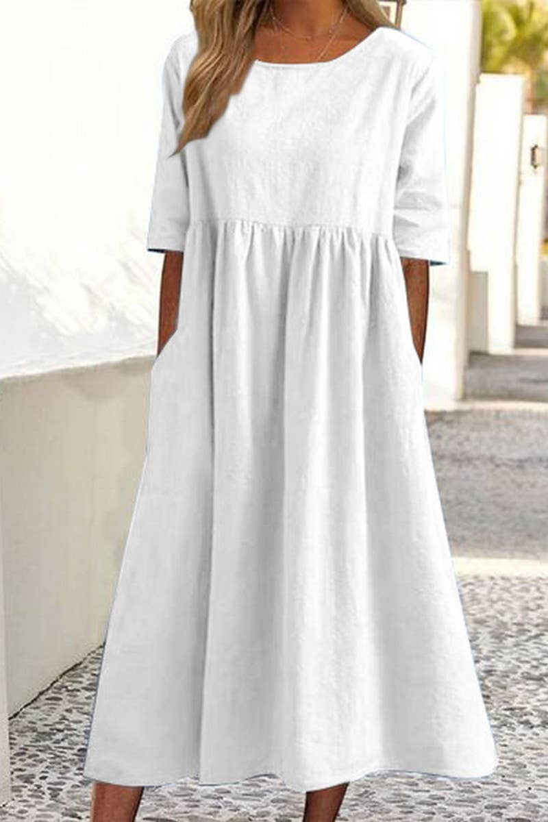 CWDMD01005_ROUND NECK SOLID COLOR COTTON AND LINEN DRESS