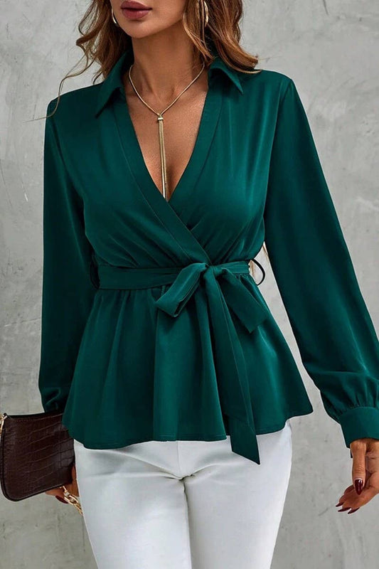 SOLID COLOR BELTED WRAP BELTED RUFFLED SHIRT