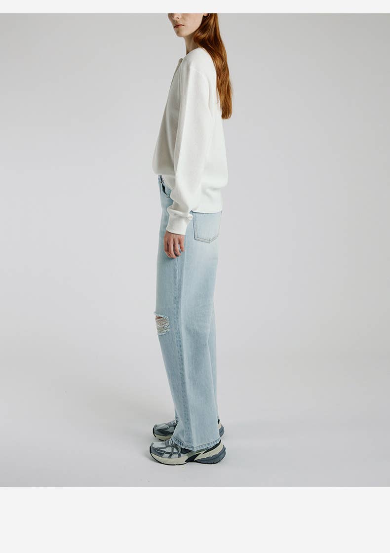 Waffle round-neck semi-open long-sleeved T-shirt