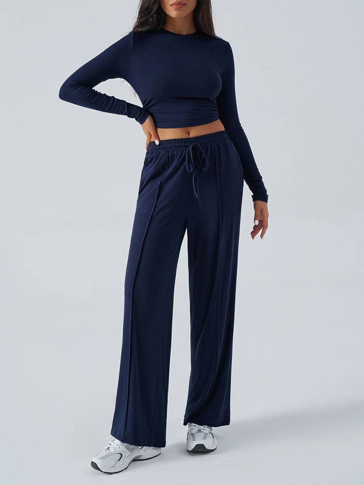 TEMPERAMENT ROUND NECK TOP WIDE LEG PANT SUIT
