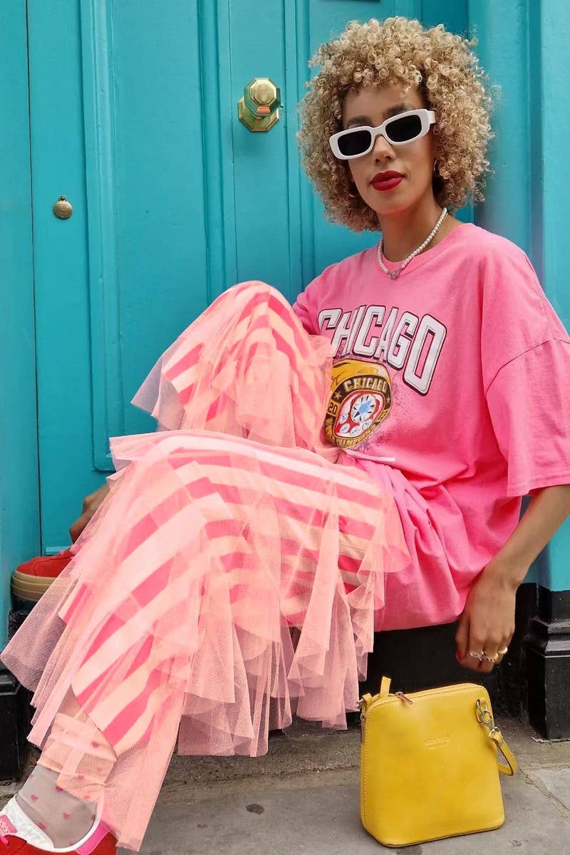 CWBLP2010_STRIPED TIERED MESH PATCHWORK WIDE LEG PANTS